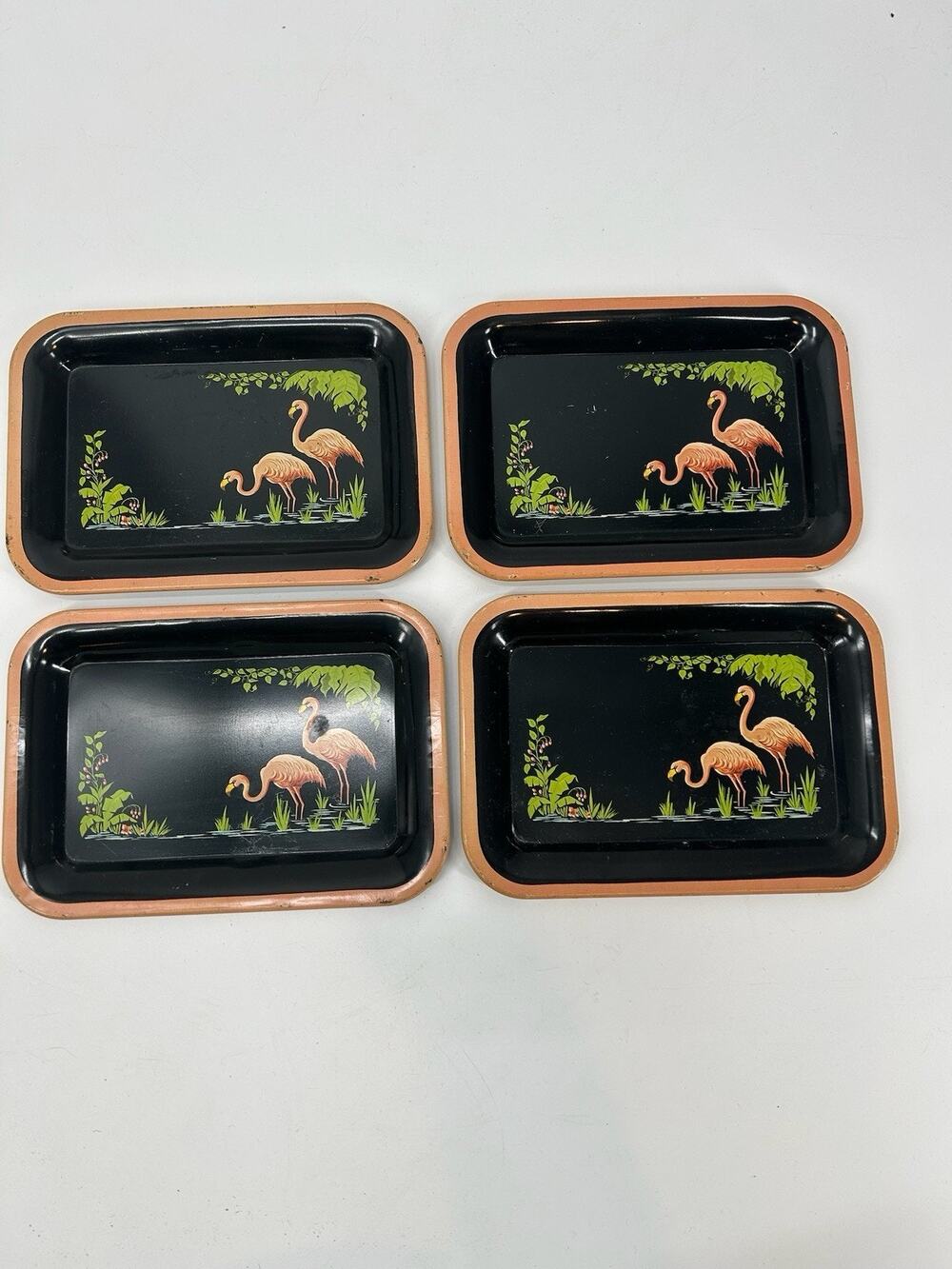 Vintage Pink Flamingo Mid Century 4 Mini Trays Coasters Plates